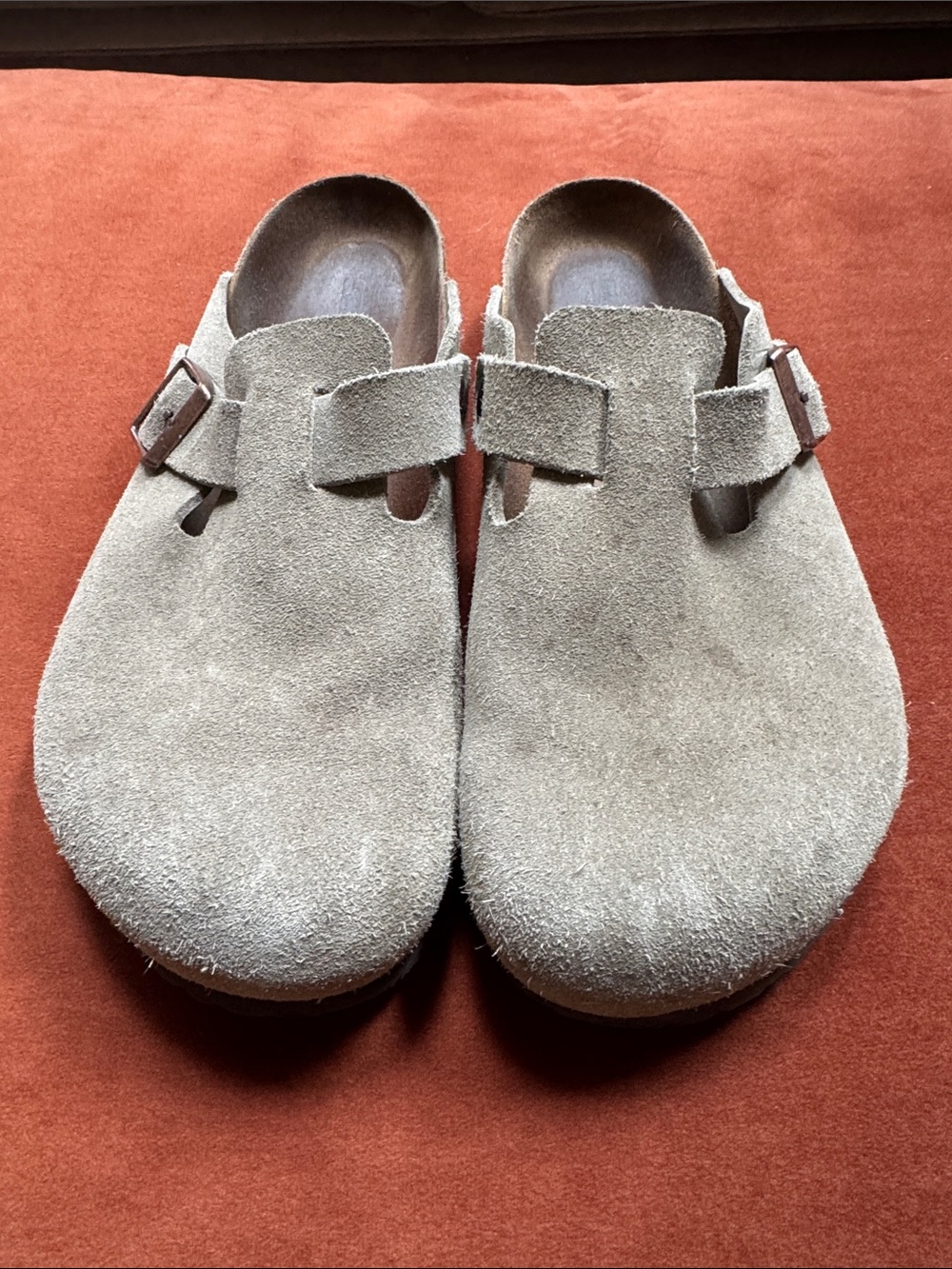 Birkenstock Suede Clog Mule in Tan Suede with Copper Buckle